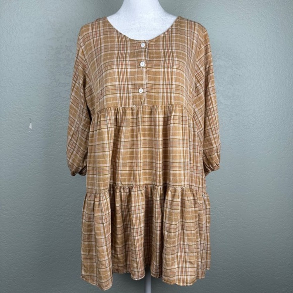 For Good Dress Women L Plaid Tiered Tunic Babydoll Button Front Cottagecore Boho